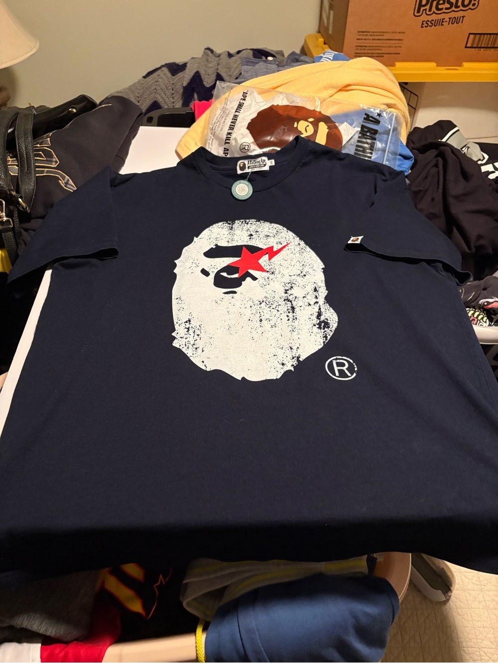 Bape Navy Tee with White Ape Head and Red Star XXL Heron Preston